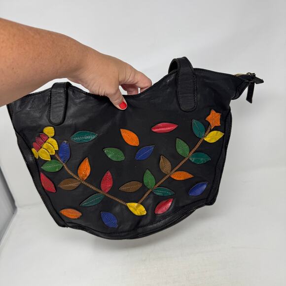 Belleza Mandova Black Leather Shoulder Bag Multicolor Leaf Appliqué - Picture 3 of 10